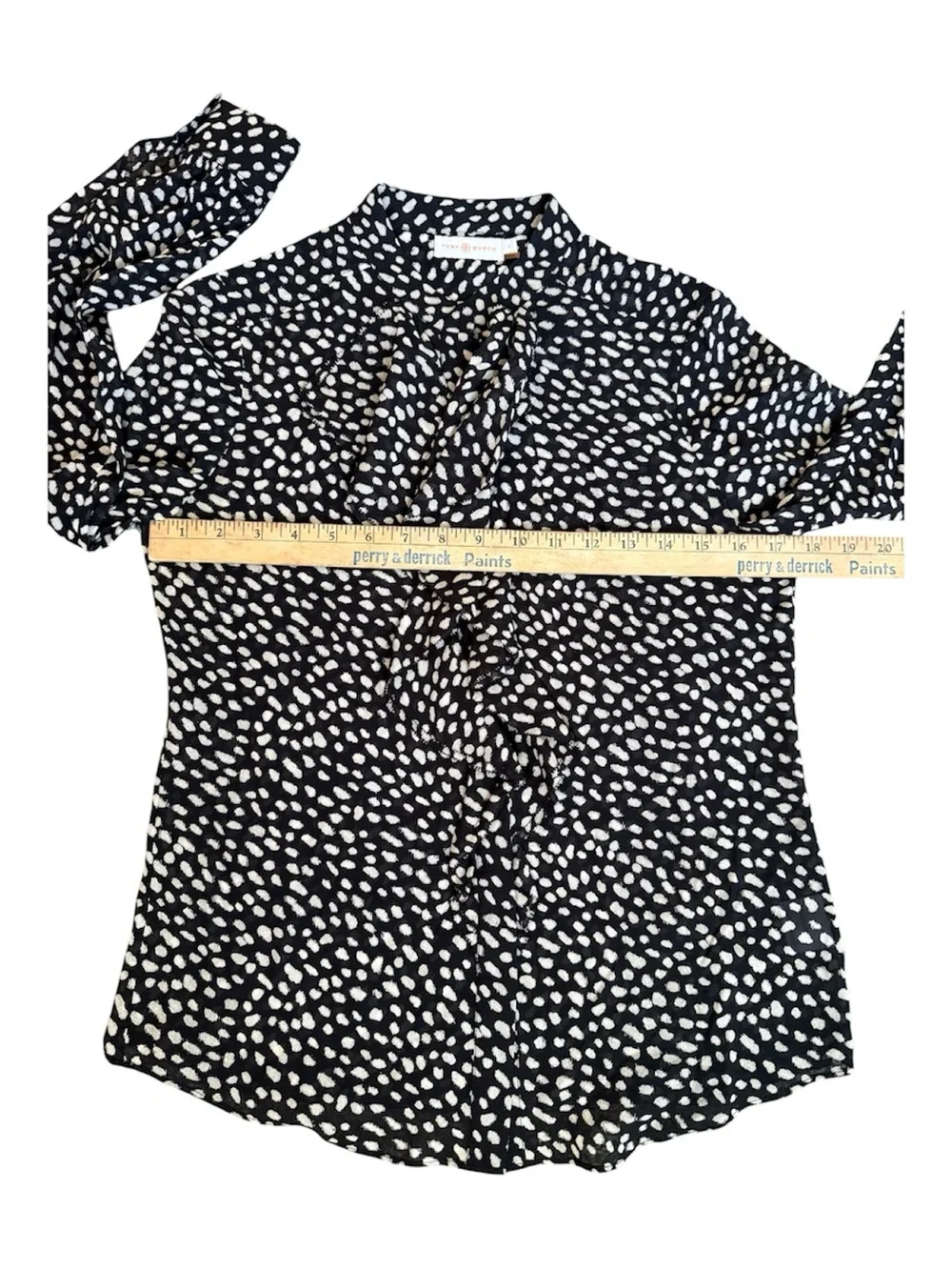 Tory Burch Black & Cream Veta Sheer Silk Blend  Blouse in Dot Print Top size 4